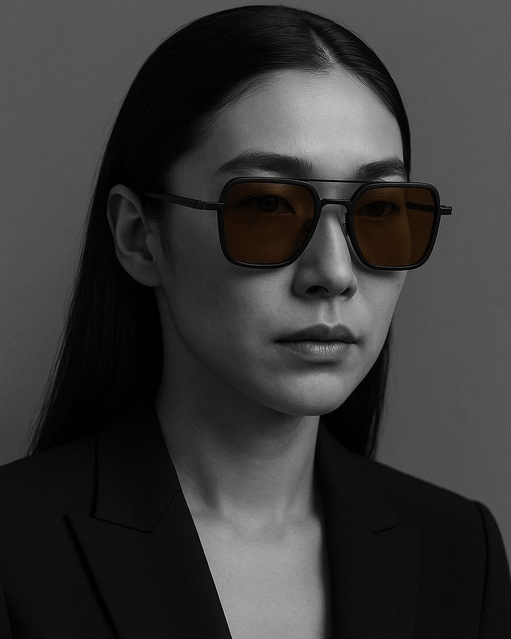 Portrait en noir et blanc d’une femme portant des lunettes de soleil à verres ambrés