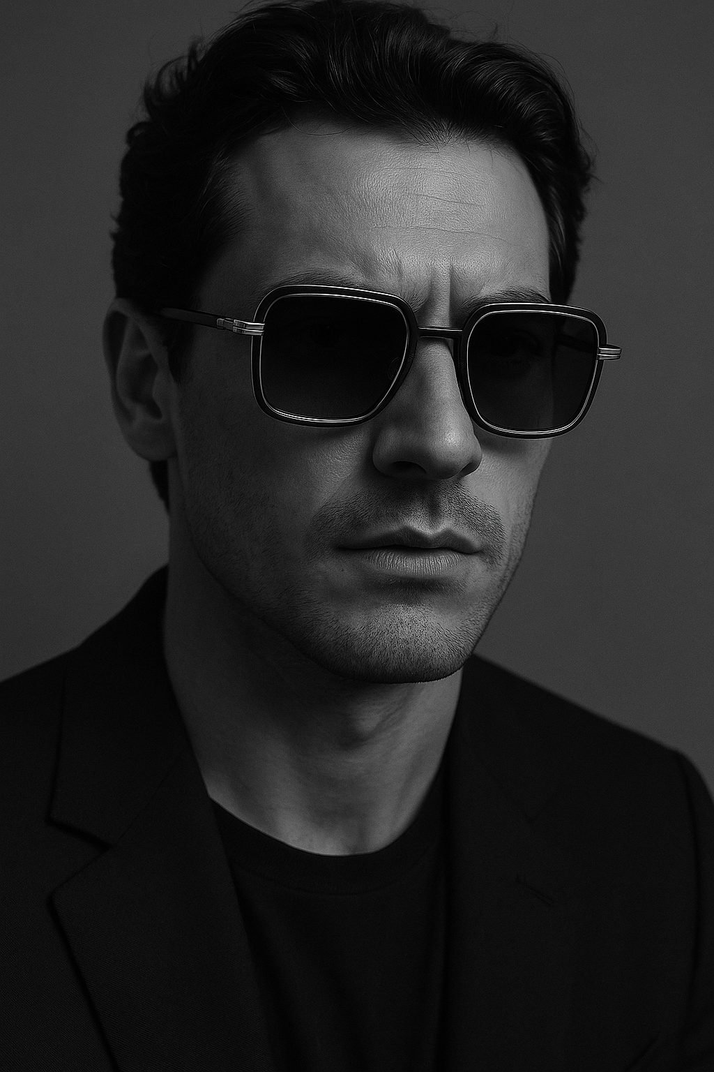 Portrait en noir et blanc d’un homme portant des lunettes de soleil à monture carrée