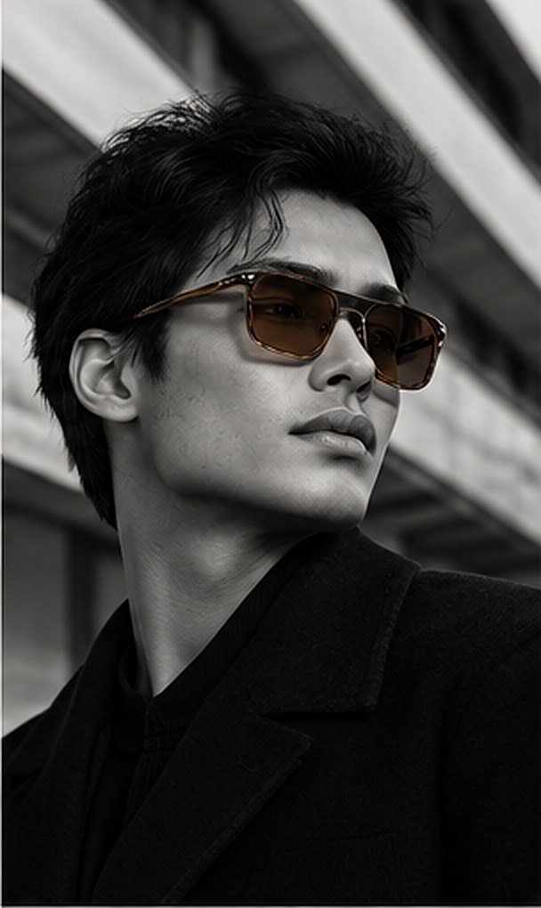 Homme portant des lunettes de soleil à verres ambrés, architecture en arrière-plan