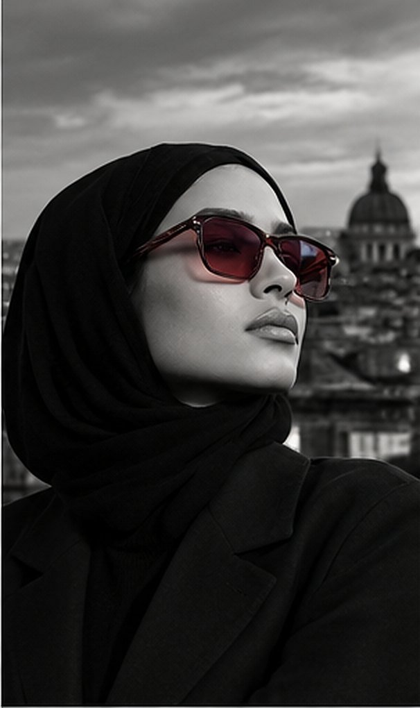 Femme en hijab portant des lunettes de soleil à verres roses, dôme de Paris en arrière-plan