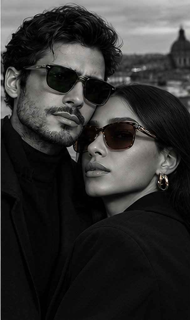 Couple portant des lunettes de soleil, Paris en arrière-plan