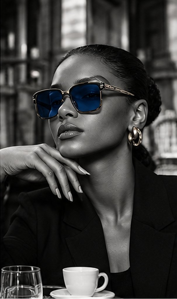 Femme portant des lunettes de soleil à verres bleus, attablée dans un café