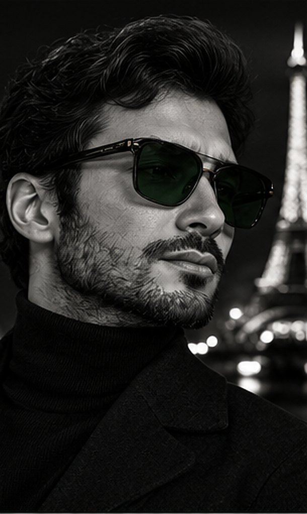 Homme portant des lunettes de soleil à verres verts, Tour Eiffel en arrière-plan