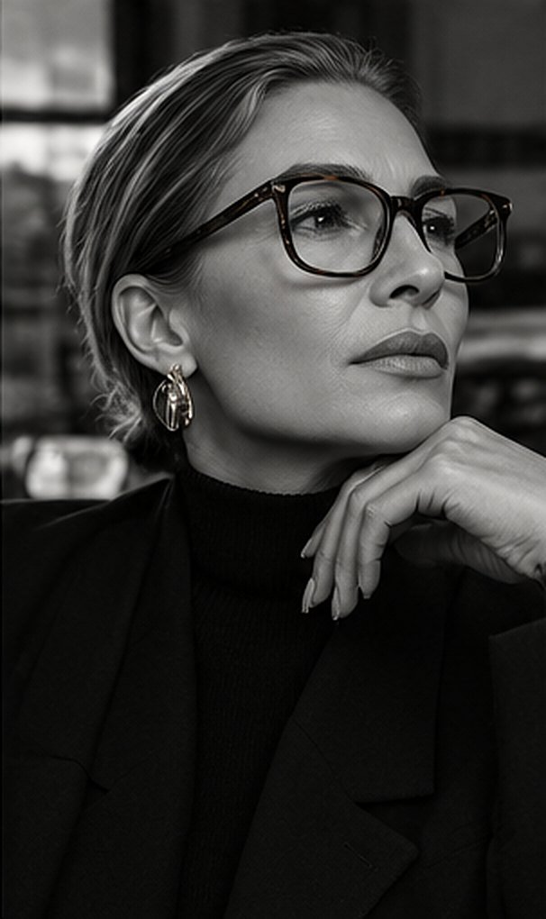 Femme portant des lunettes de vue à monture noire, portrait en noir et blanc