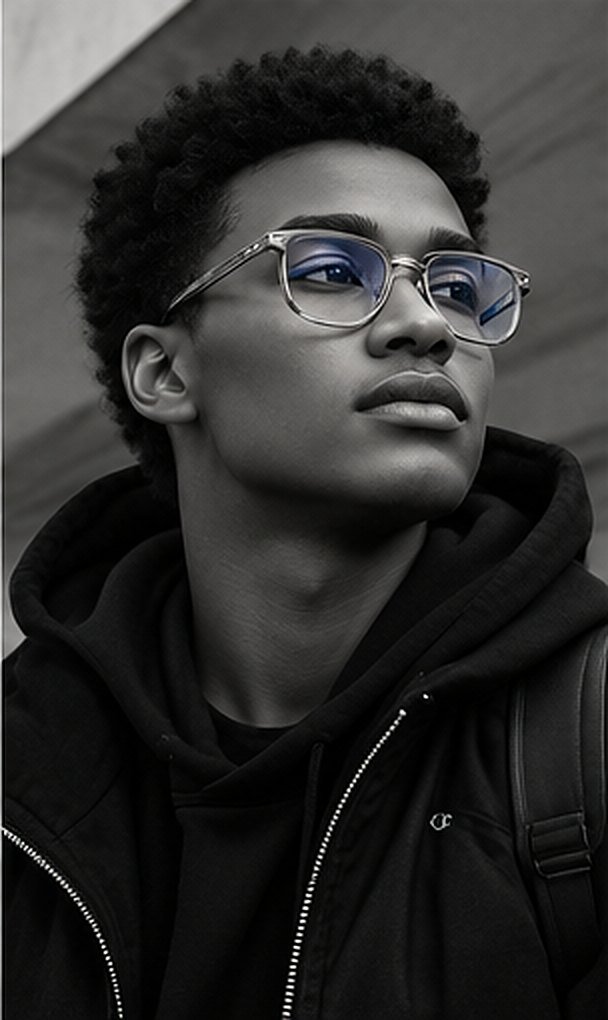 Homme portant des lunettes de vue à monture transparente, portrait en noir et blanc
